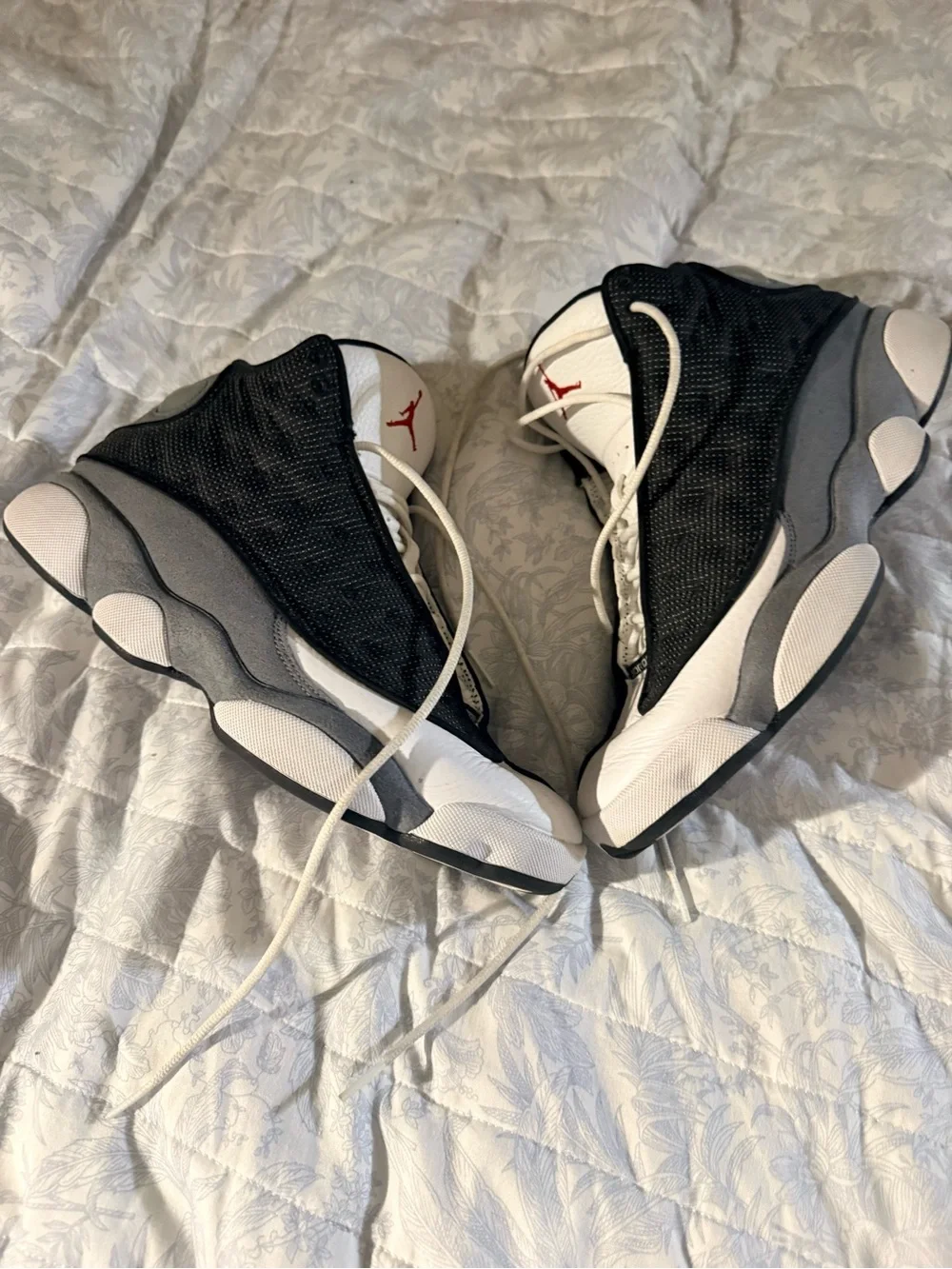 Jordan Retro Black White Gray Basketball Sneakers with Red Logo